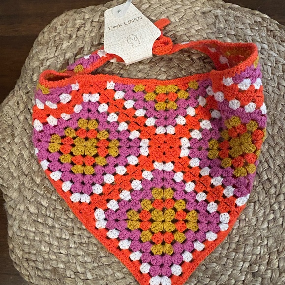 Pink Linen | Multicolor Square Pattern Orange Crochet Bandana - Picture 3 of 6